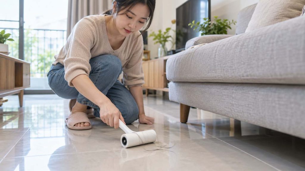 Dùng cây lăn bụi gom tóc tại khu vực nhỏ trên sàn