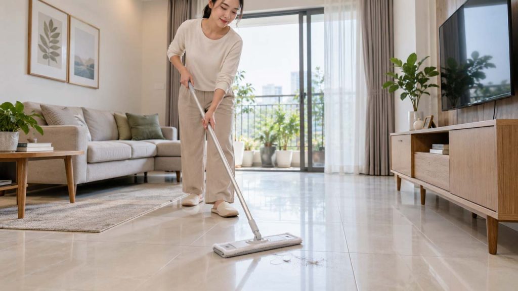 Dùng cây lau nhà tĩnh điện gom tóc rụng và bụi mịn