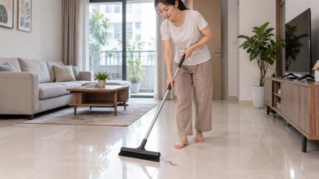 Dùng chổi cao su để gom tóc rụng trên sàn nhà