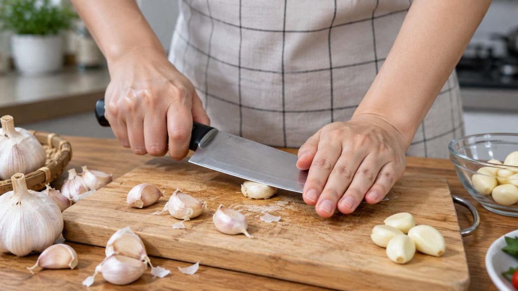 Dùng dao đập nhẹ tép tỏi trước khi bóc vỏ