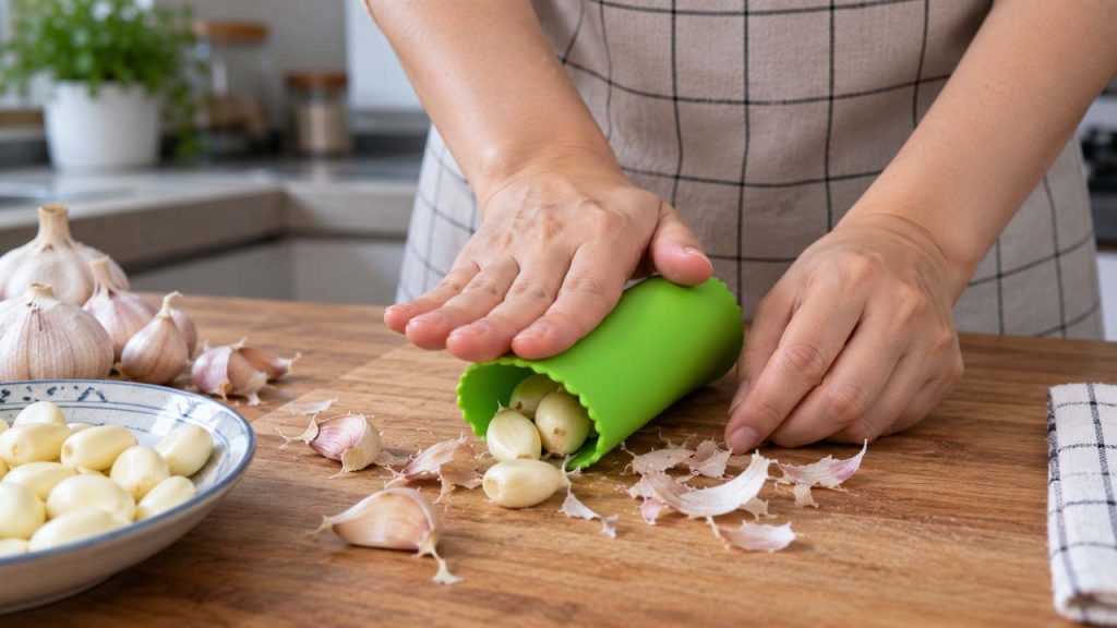 Dùng dụng cụ bóc tỏi bằng silicone