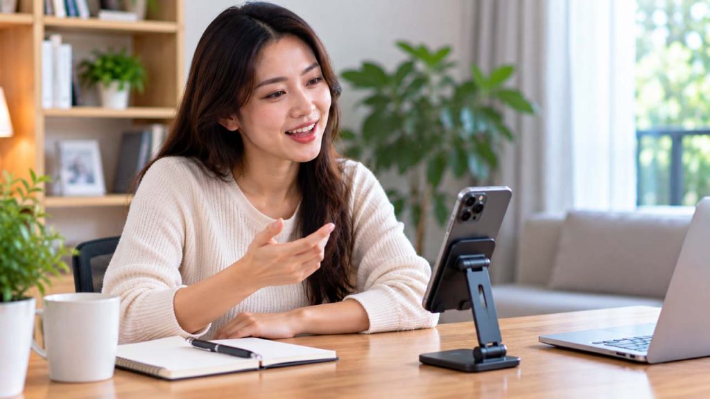 Dùng giá đỡ điện thoại trên bàn khi thực hiện cuộc gọi