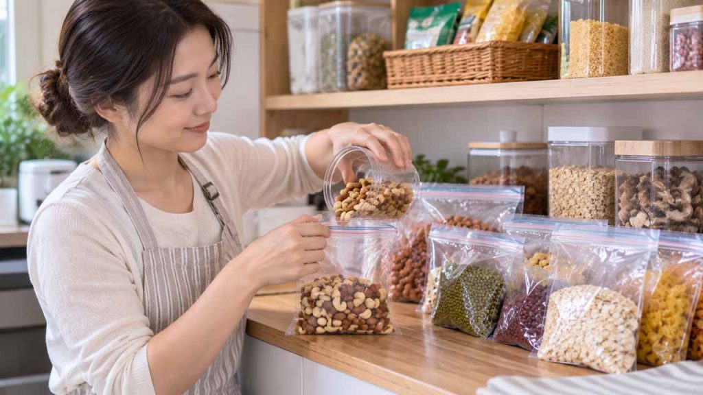 Dùng túi zip đựng nguyên liệu khô gọn gàng trong bếp