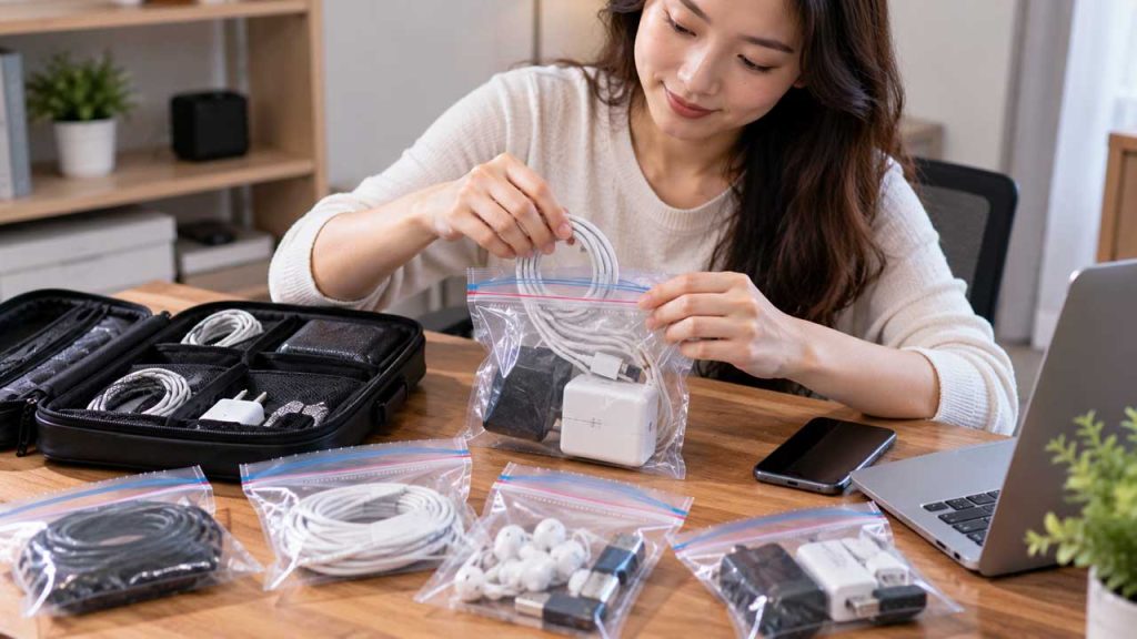 Gom dây điện và phụ kiện công nghệ bằng túi zip