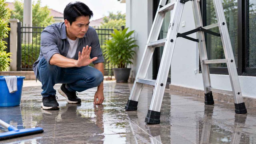 Không đặt thang nhôm trên sàn đang ướt