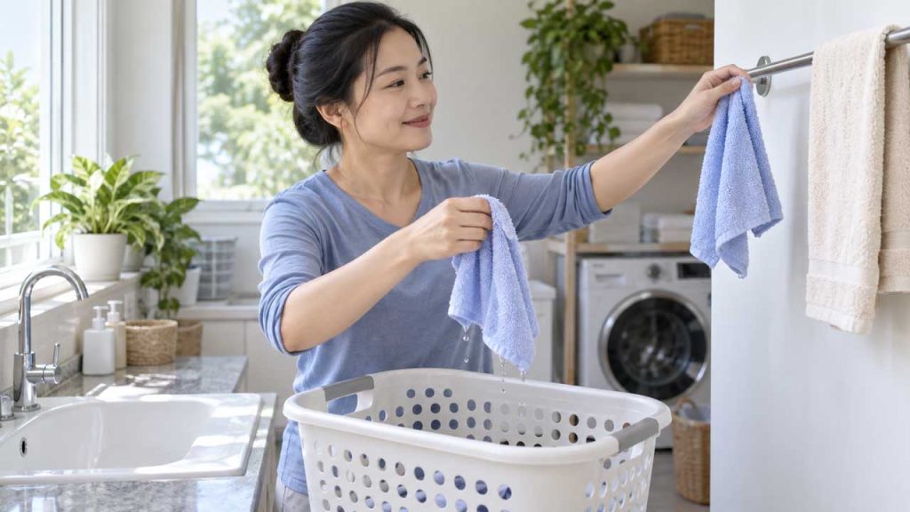 Lấy khăn lau mặt ướt ra khỏi giỏ để đem phơi ngay