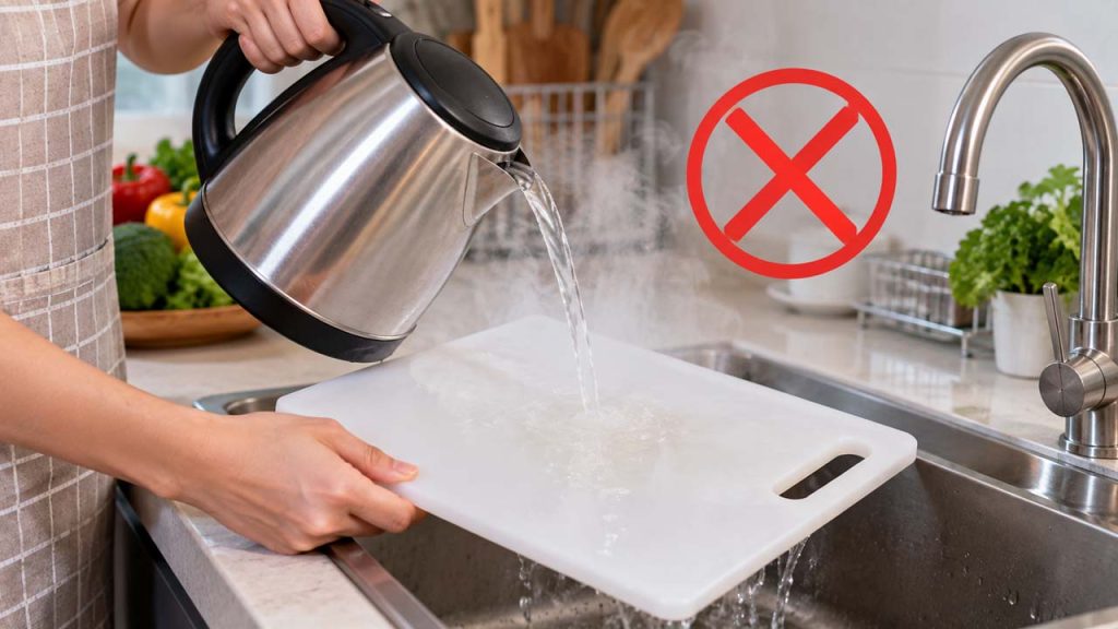 Không đổ nước sôi trực tiếp lên thớt nhựa