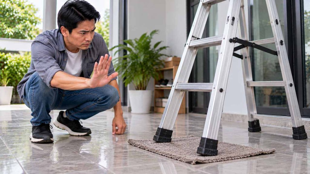 Không dùng thảm hoặc vật dễ trượt kê dưới chân thang nhôm