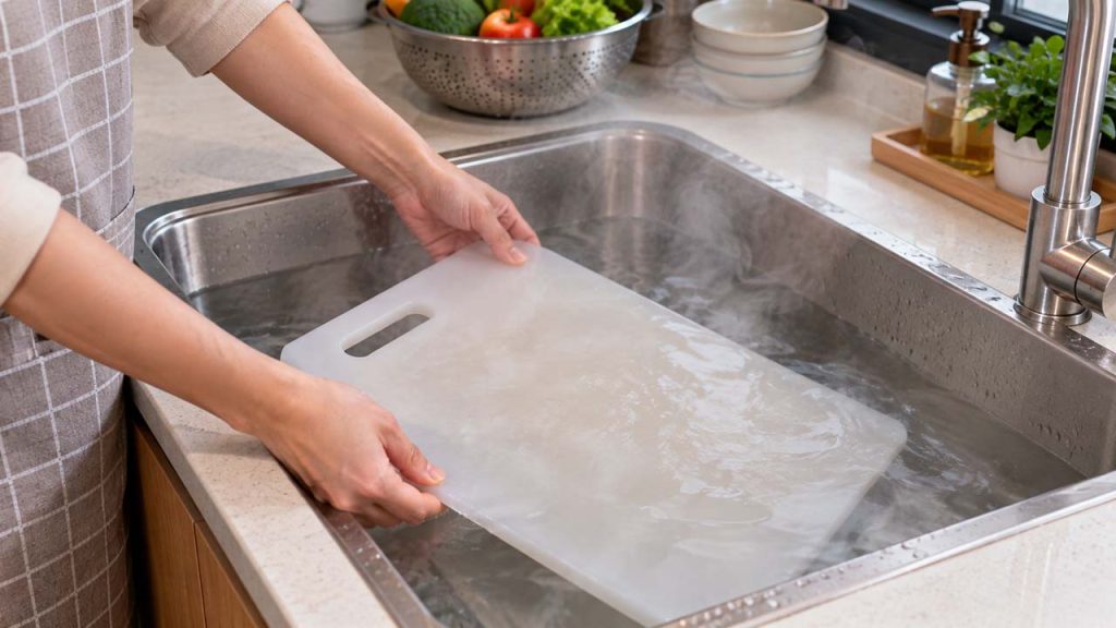 Không ngâm thớt nhựa trong nước nóng quá lâu