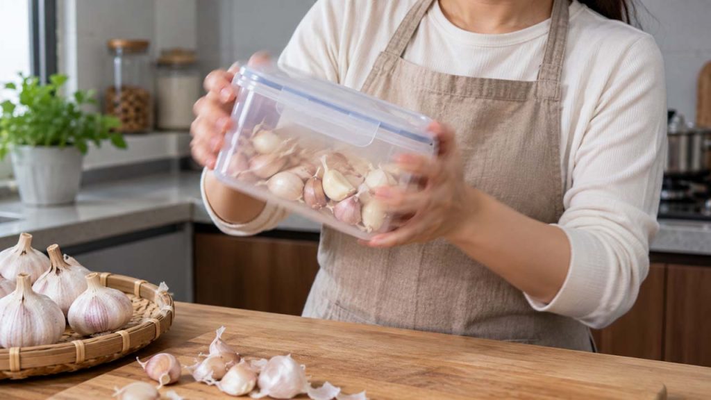 Lắc tỏi trong hộp có nắp để bóc vỏ nhanh