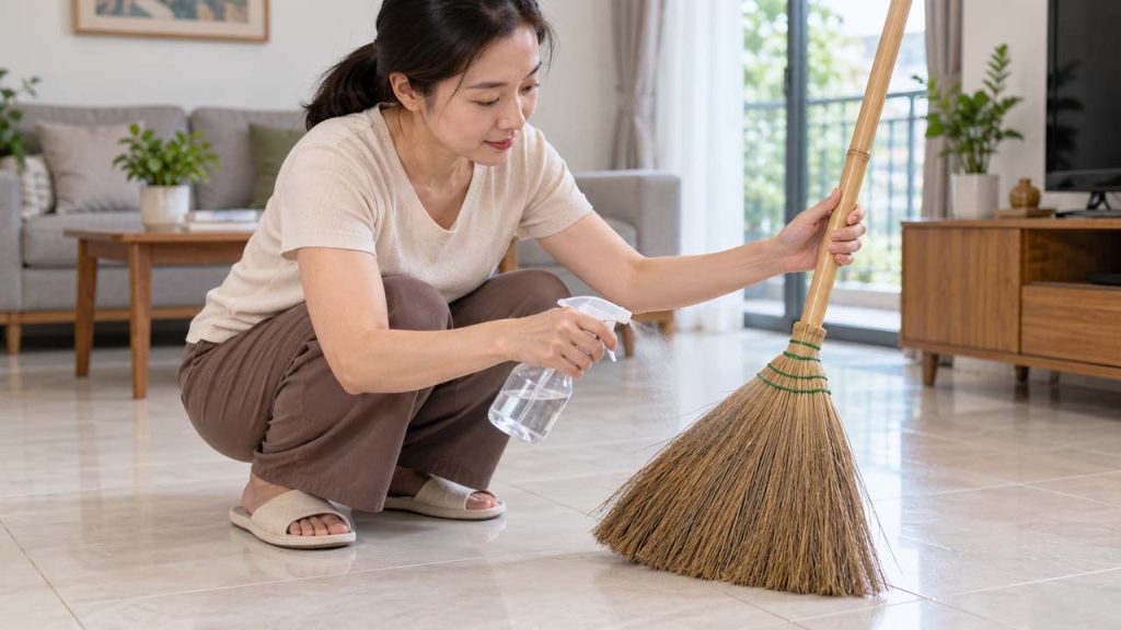 Xịt nước làm ẩm nhẹ đầu chổi trước khi gom tóc