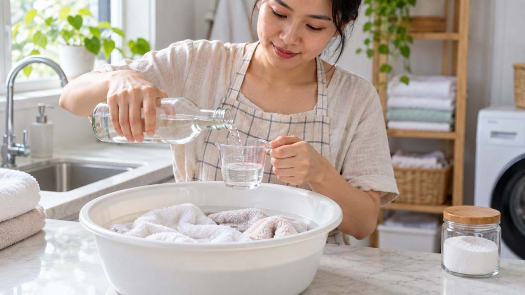 Làm sạch mùi khăn lau mặt bằng giấm trắng hoặc baking soda