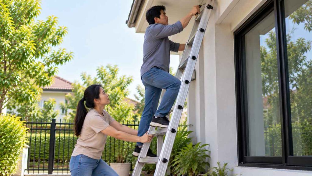 Nhờ người giữ thang nhôm khi làm việc trên cao