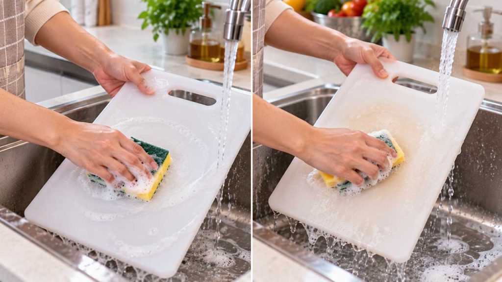 Rửa sạch đều cả hai mặt của thớt nhựa