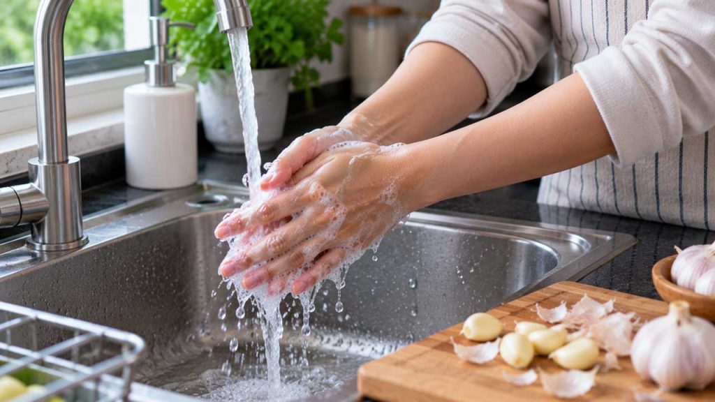 Rửa tay ngay sau khi sơ chế tỏi