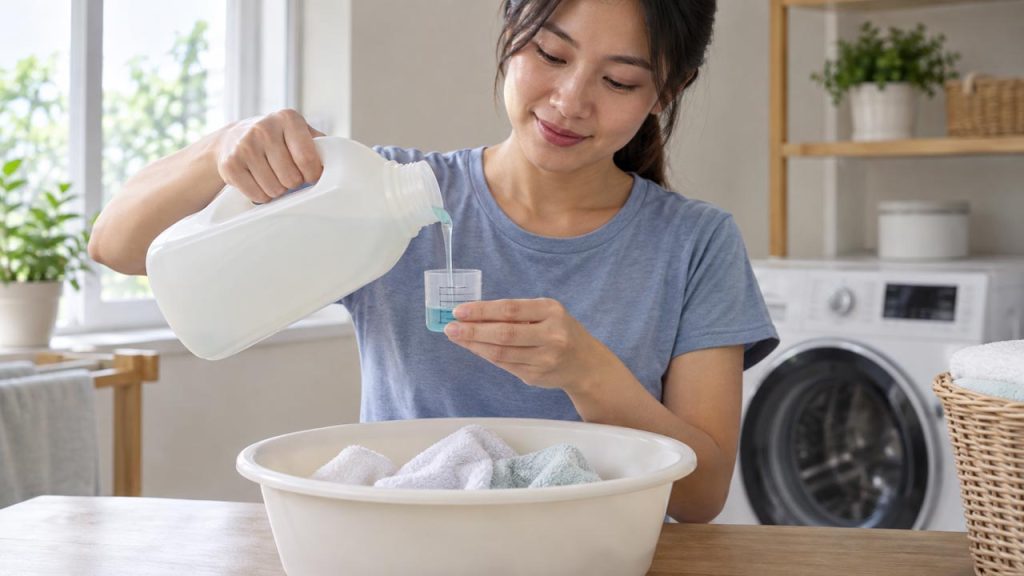 Đong lượng nước giặt vừa đủ để làm sạch khăn lau mặt