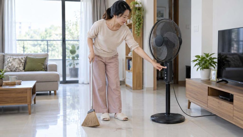 Người phụ nữ tắt quạt trước khi gom tóc trên sàn