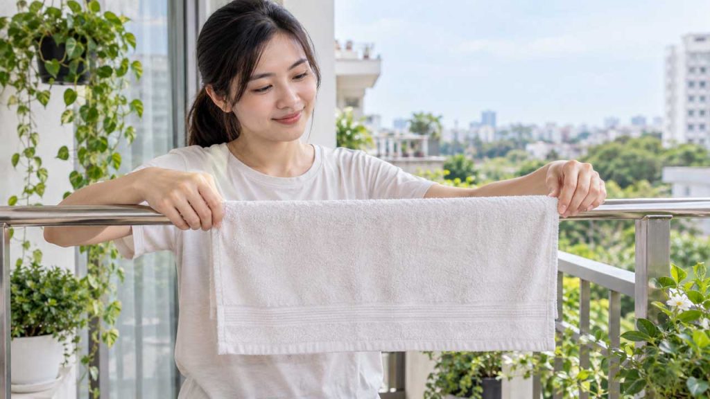 Trải rộng khăn lau mặt trên thanh phơi để nhanh khô