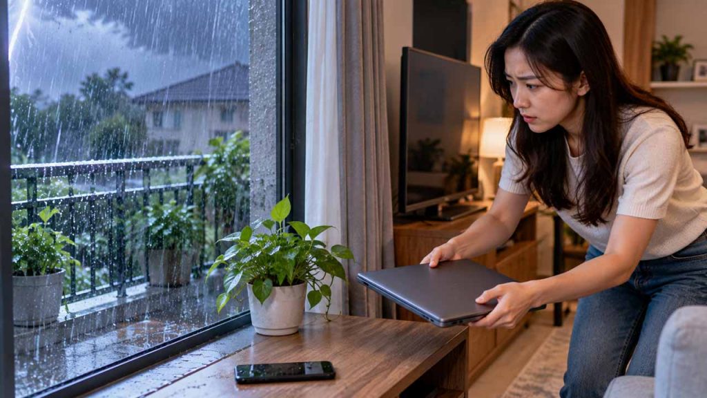 Không đặt thiết bị điện tử gần nơi có nguy cơ nước mưa tạt vào