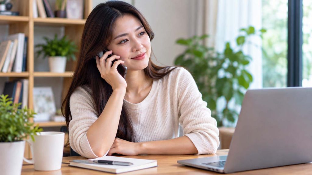 Tựa khuỷu tay lên bàn khi ngồi nghe điện thoại