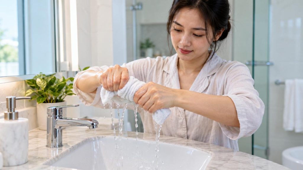 Vắt khăn lau mặt thật ráo sau mỗi lần sử dụng