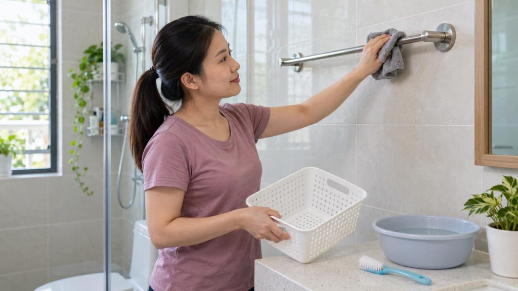 Vệ sinh thanh treo và giỏ đựng khăn lau mặt